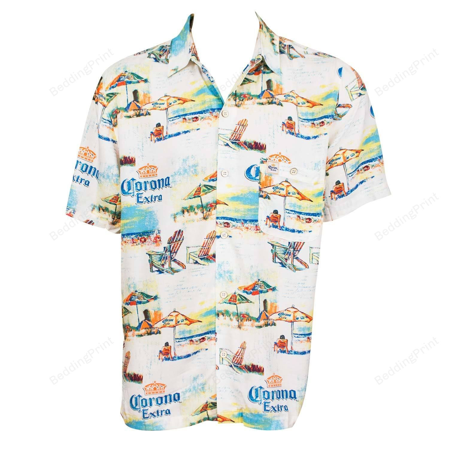 Corona Extra Beach Lounge Hawaiian Shirt Tropical Aloha Button Up