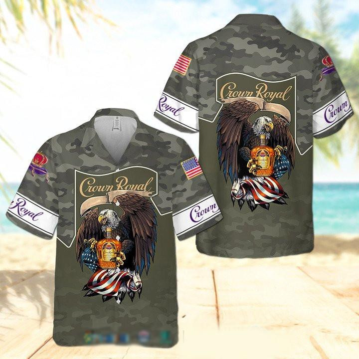 Crown Royal Camo Eagle Hawaiian Shirt Tropical Aloha Button Up
