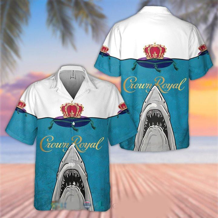 Crown Royal Jaws Shark Hawaiian Shirt Tropical Aloha Button Up