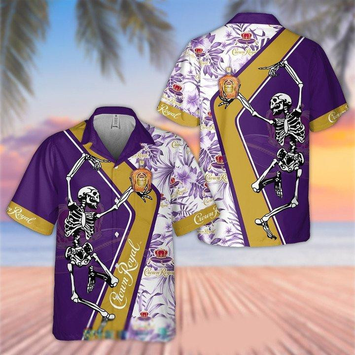 Crown Royal Skeleton Hawaiian Shirt Tropical Aloha Button Up
