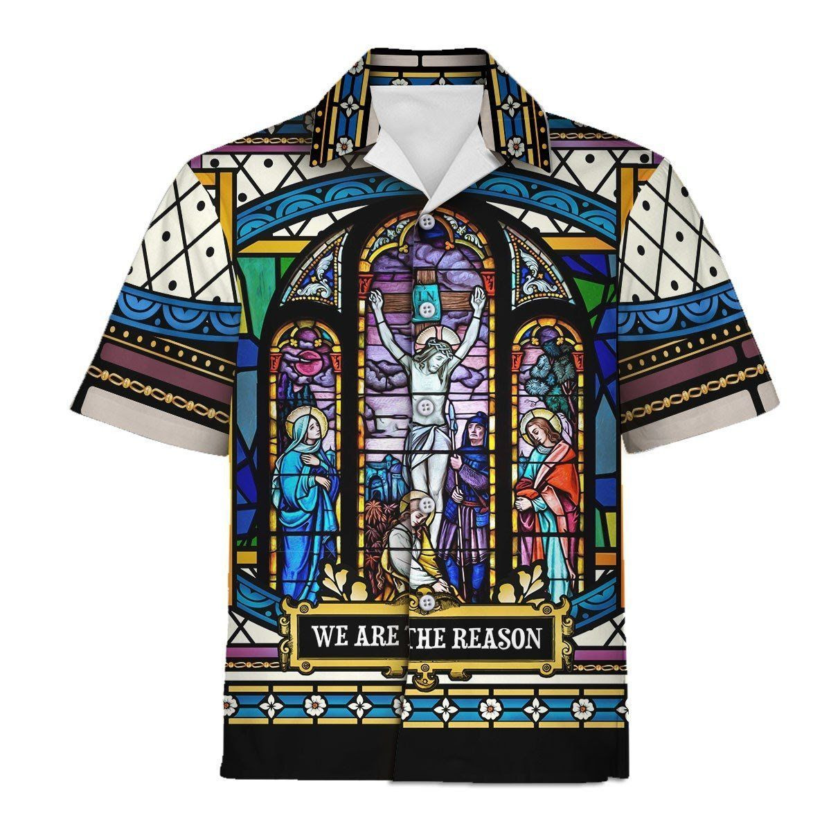 Crucifixion Of Christ Stained Glass Hawaiian Shirt Tropical Aloha Button Up