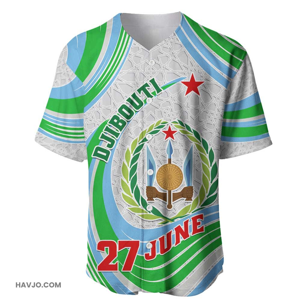 Custom Djibouti Independence Day June 27, Jabuuti Emblem with Islamic Pattern Baseball Jersey