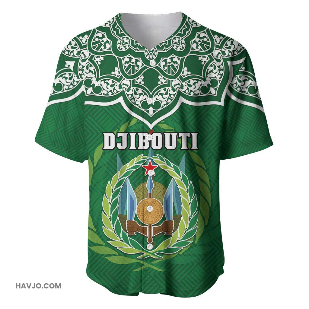Custom Djibouti with Jabuuti Emblem and Islamic Floral Circle Baseball Jersey