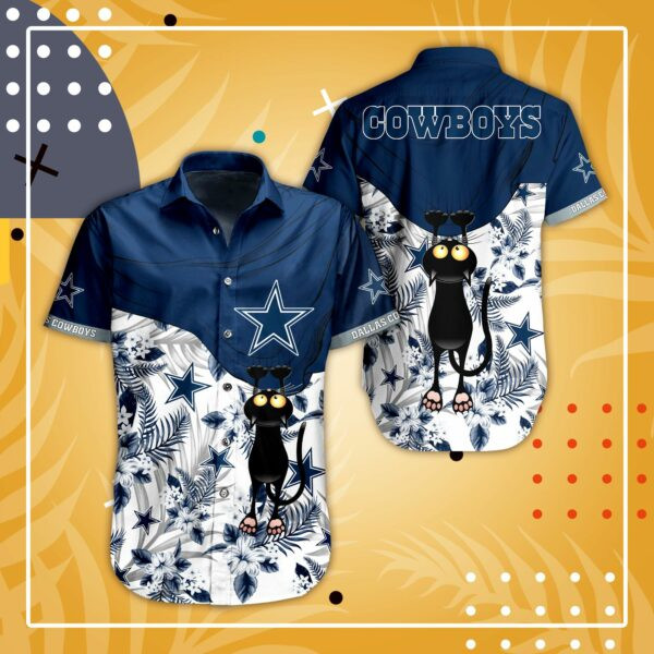 Dallas Cowboys Cat Hawaiian Shirt Tropical Aloha Button Up