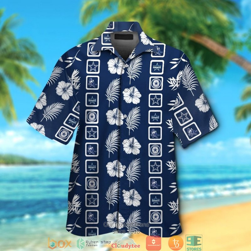 Dallas Cowboys Leaf Hibiscus Pattern Square Hawaiian Shirt Tropical Aloha Button Up