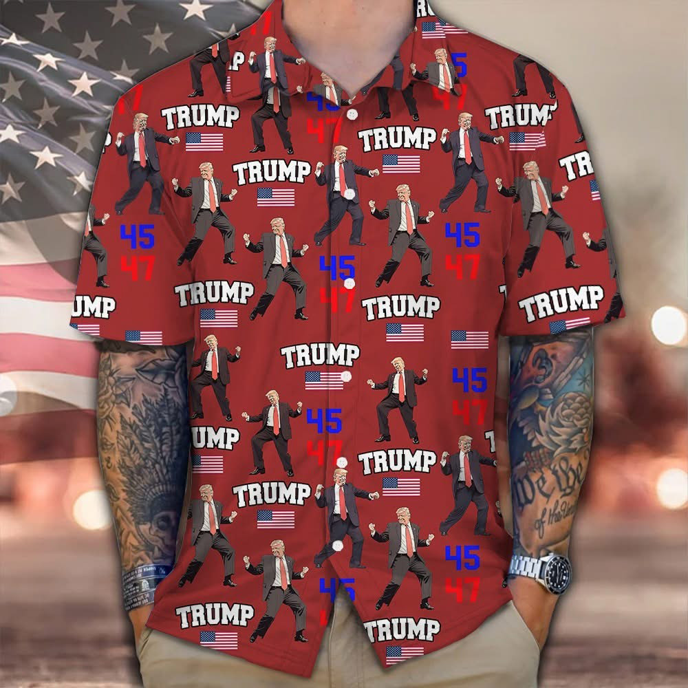 Alternative view of Dancing Trump 45-47 Hawaiian Shirt President Trump Victory Shirt Patriotic Gifts For Dad