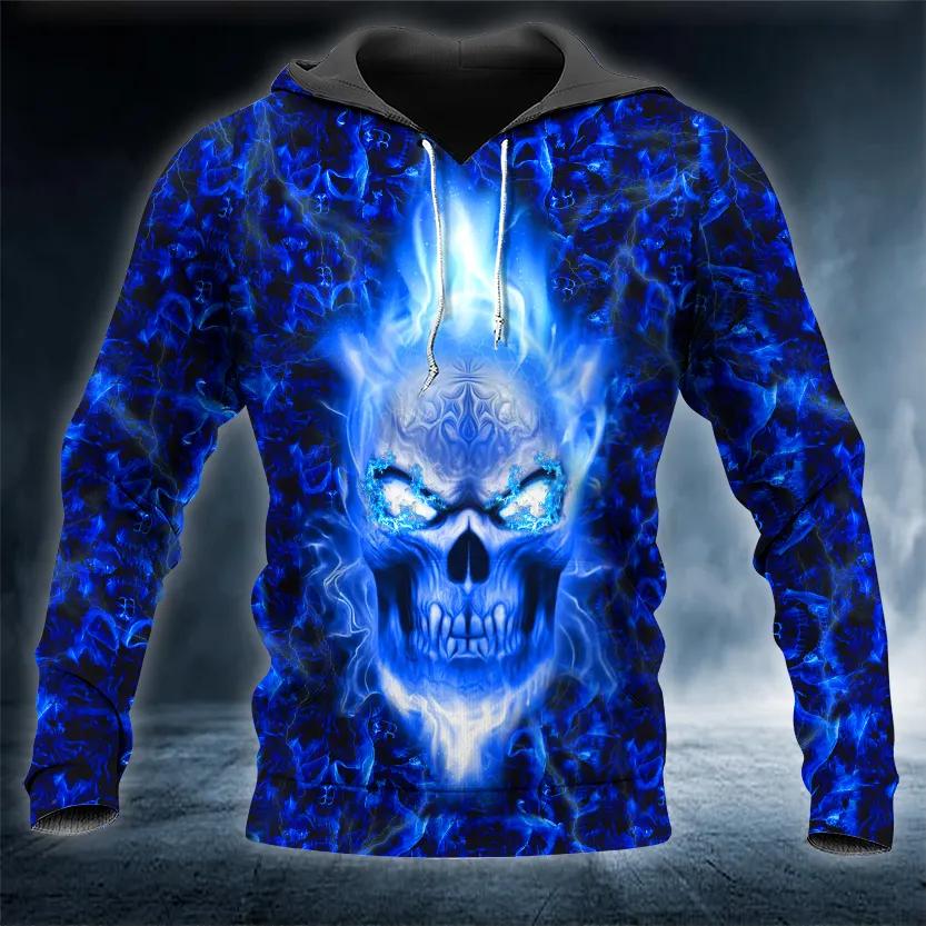 Dark Blue Flame Skull 3D All Over Print Hoodie