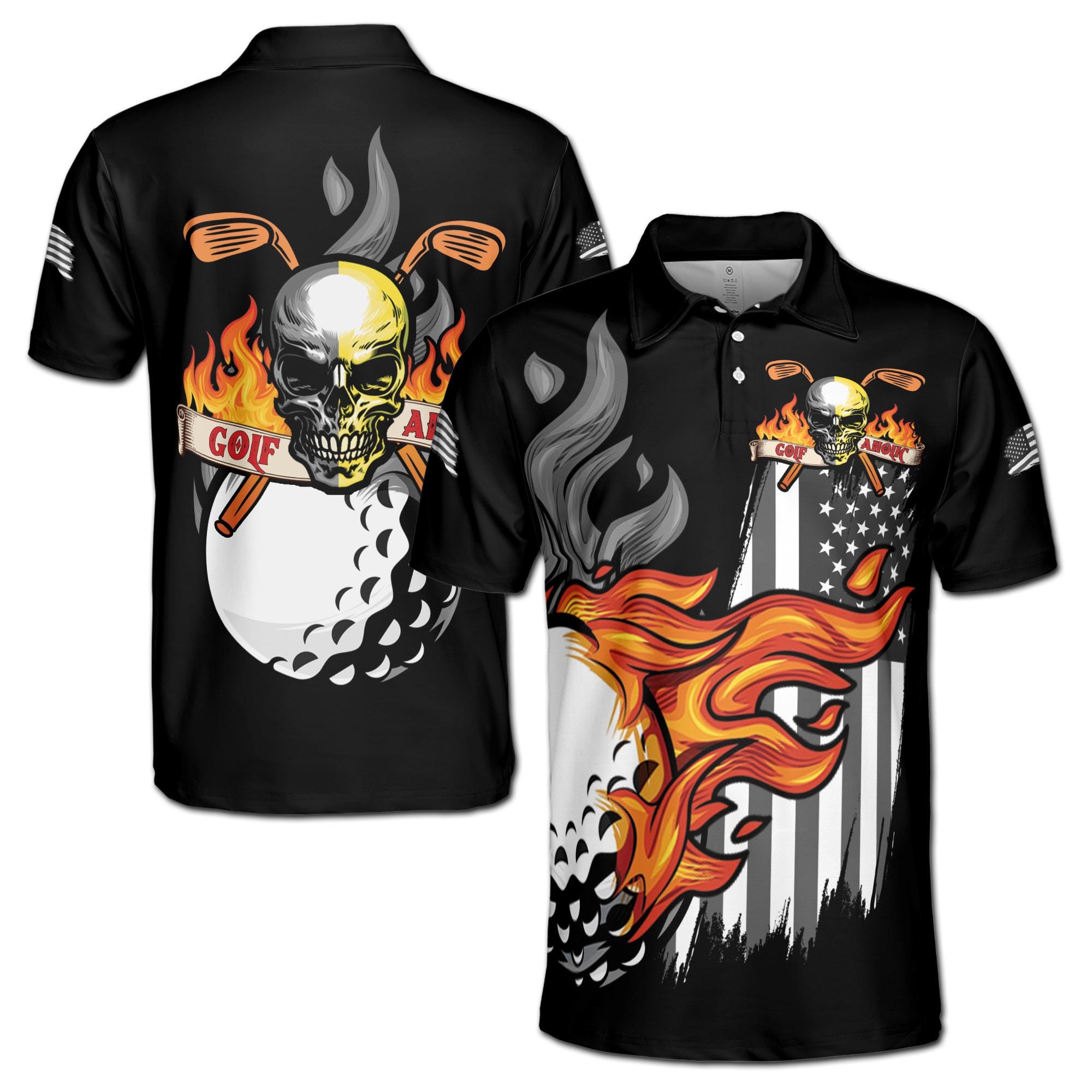 Dark Skull Golfer Golf Aholic On Fire Men's Polo Shirt