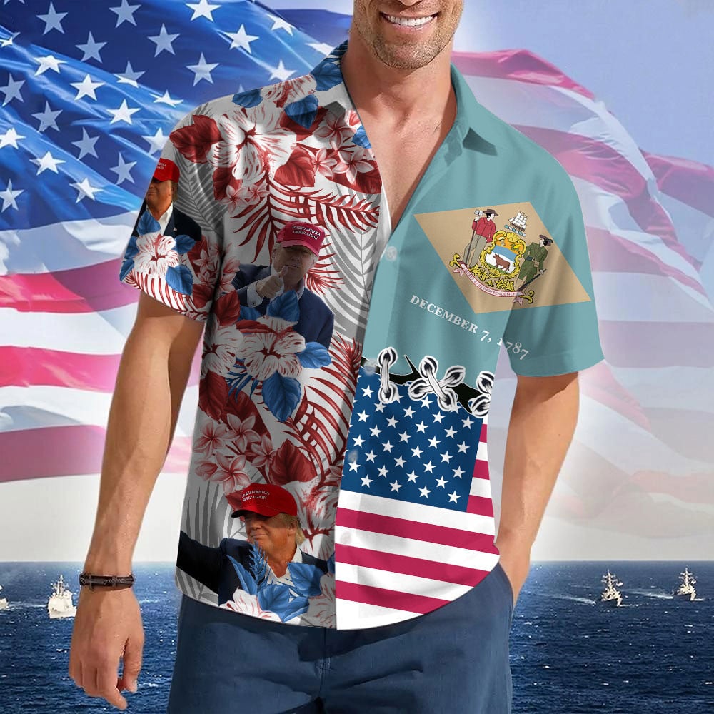 Delaware For Trump 2024 Hawaiian Shirt MAGA Donald Trump Mens Tropical Shirts Gifts For Summer