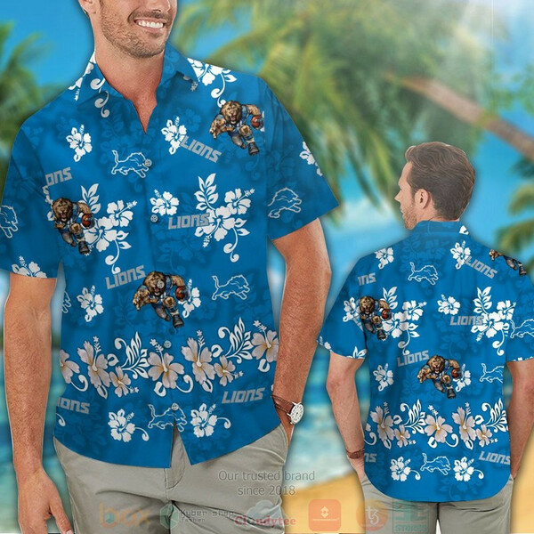 Detroit Lions Hibiscus Blue Hawaiian Shirt Tropical Aloha Button Up