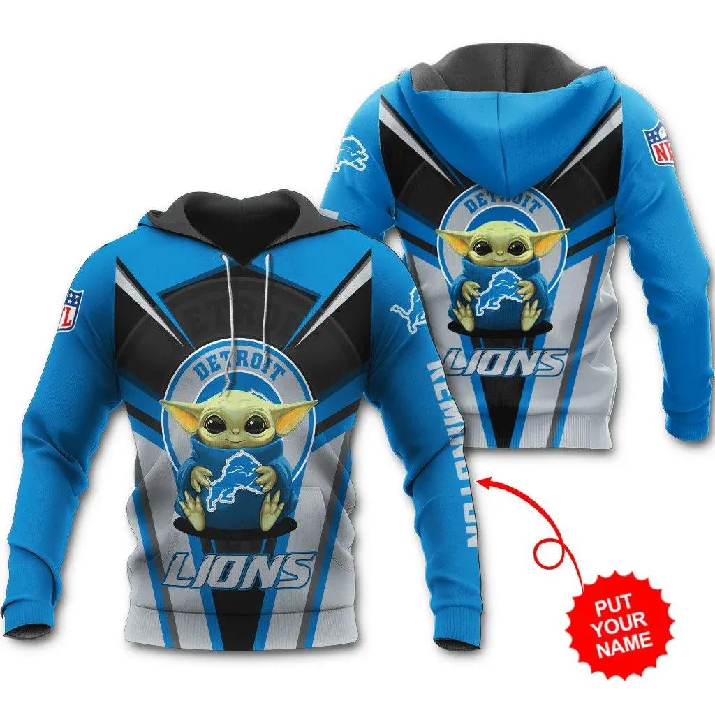 Detroit Lions Personalized Baby YodaNFL 3D All Over Print Hoodie