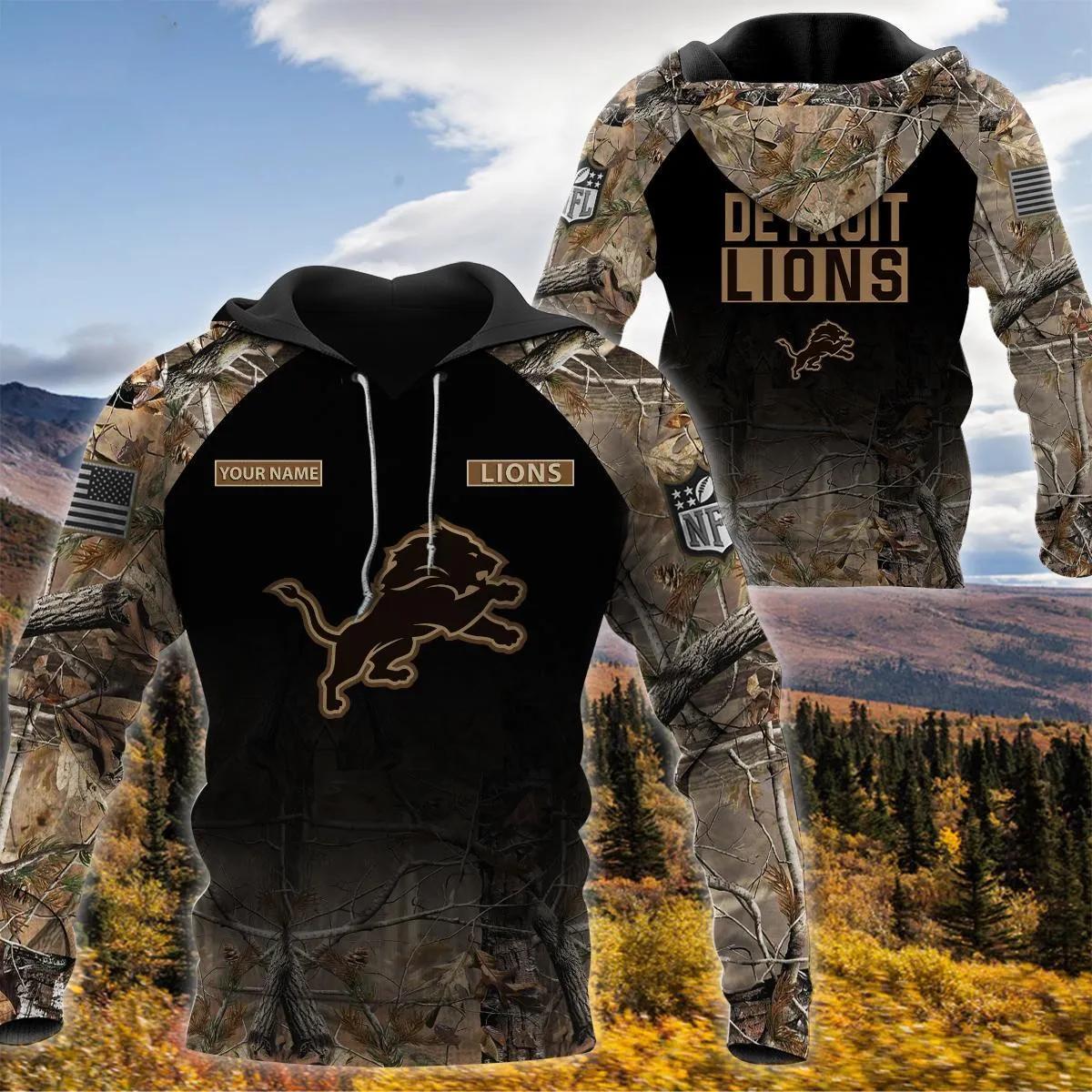 Detroit Lions Personalized Hunting Camo NFL 3D All Over Print Hoodie