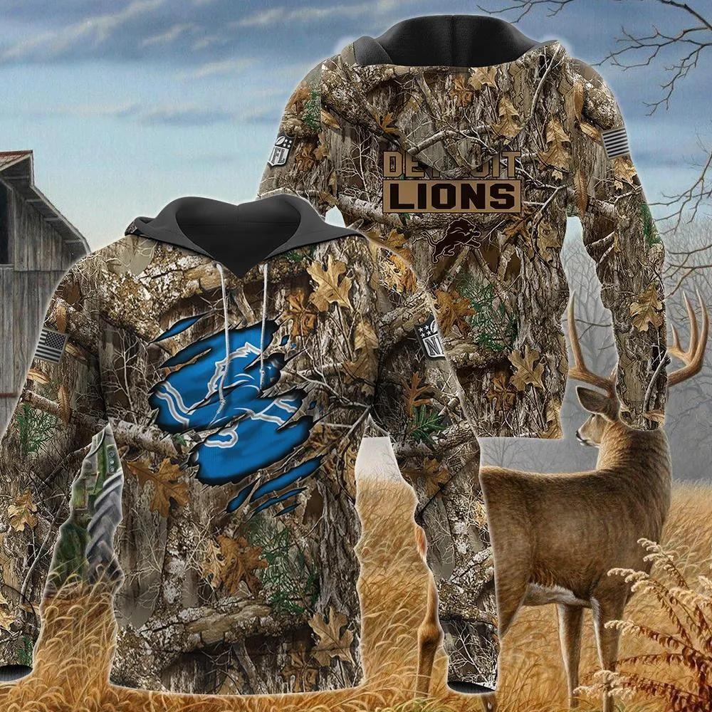 Detroit Lions Realtree Hunting Camo NFL 3D All Over Print Hoodie