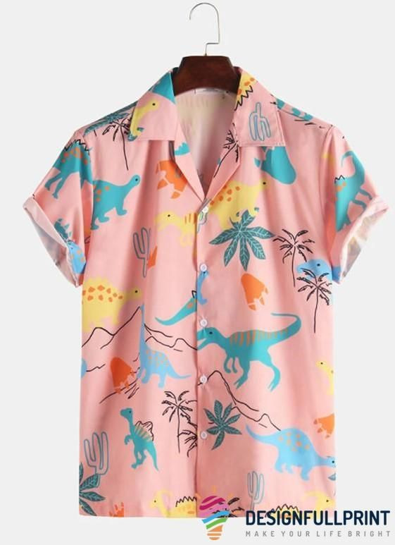 Dinosaur Hawaiian Shirt Tropical Aloha Button Up