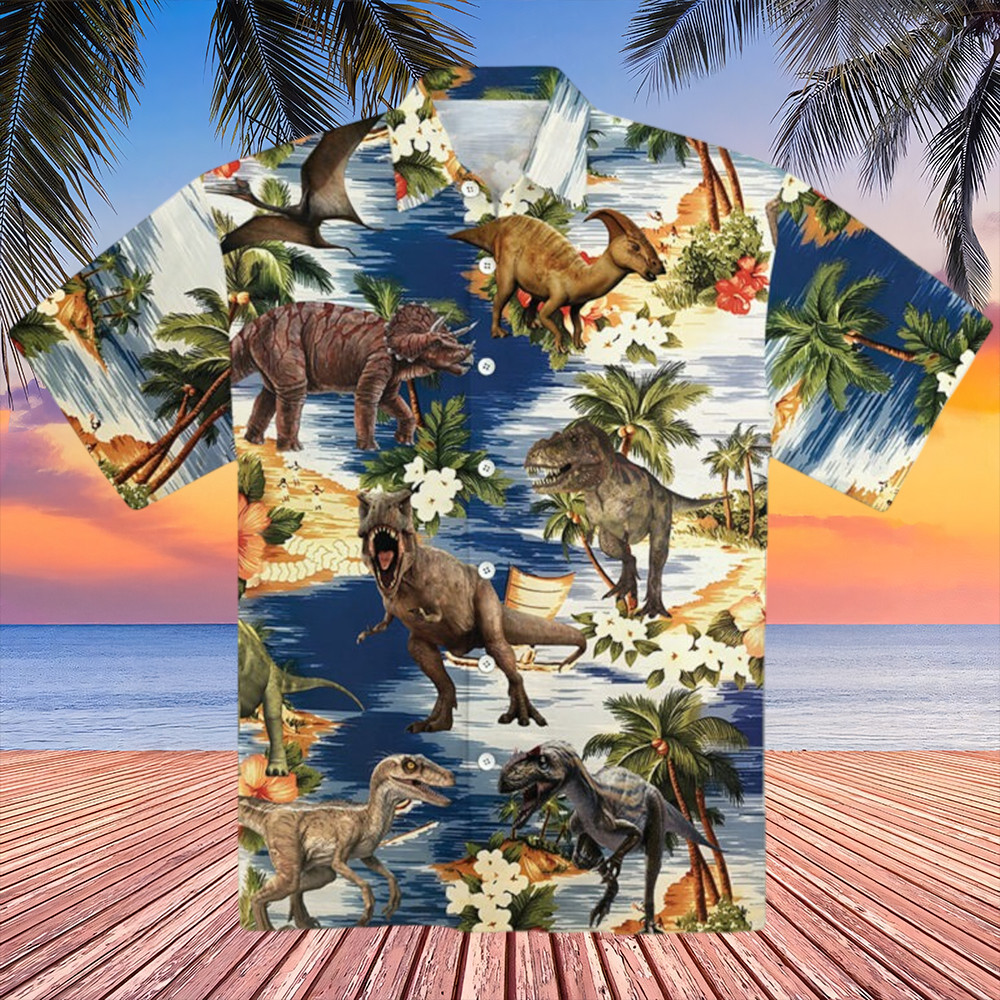 Dinosaur Hawaiian Shirt Tropical Jungle Aloha Shirt Gifts For Dinosaur Lovers