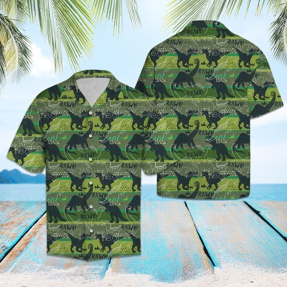 Dinosaur Rawr Green Unisex Hawaiian Shirt Tropical Aloha Button Up