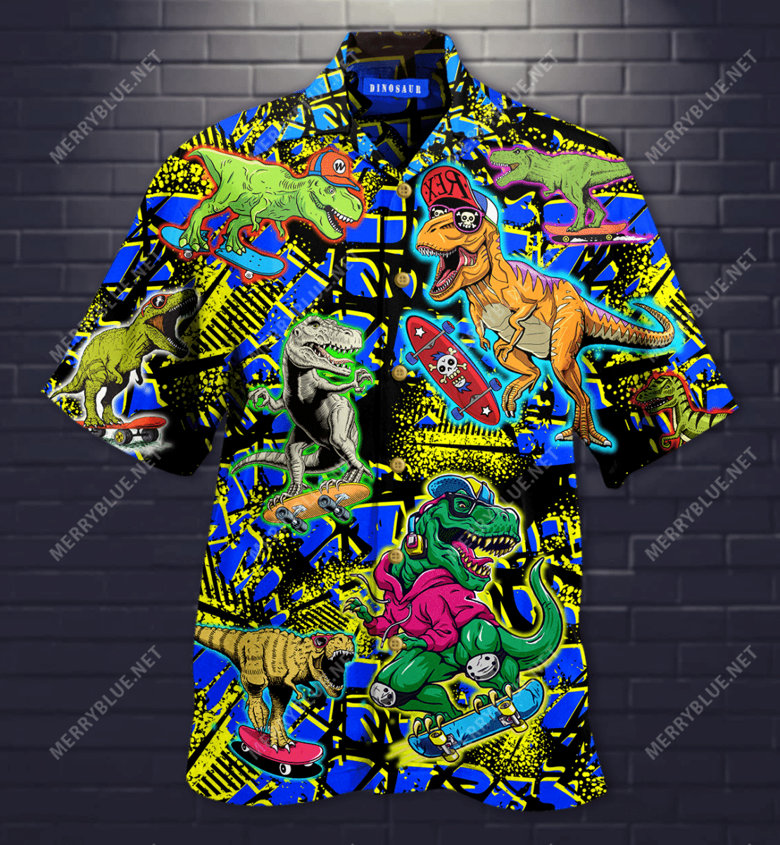 Dinosaur Skateboard Hawaiian Shirt Tropical Aloha Button Up