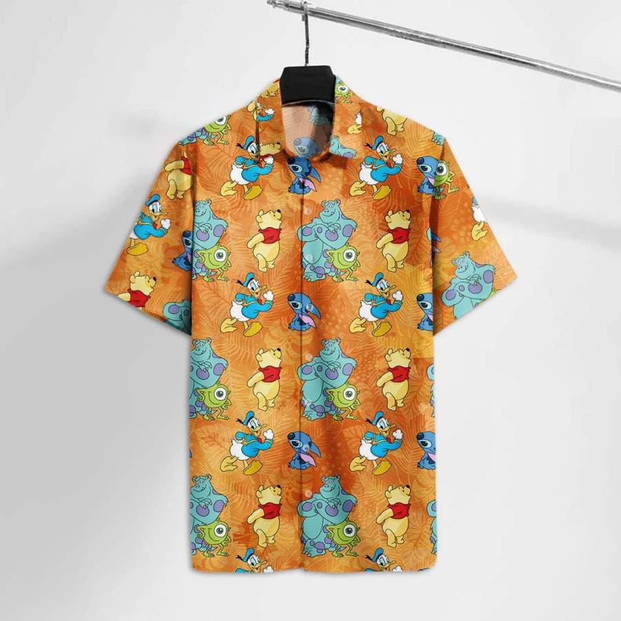 Disney Characters Pooh Stitch Donald Monsters Hawaiian Shirt Tropical Aloha Button Up