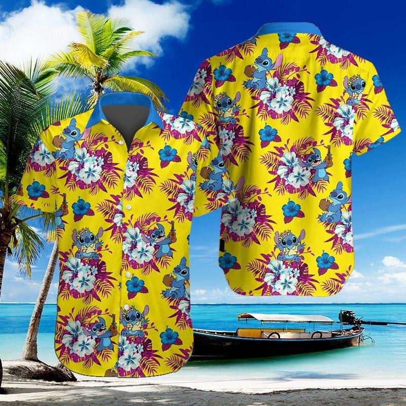 Disney Lilo And Stitch Yellow Funny Stitch Tropical Flower Hawaiian Shirt Tropical Aloha Button Up