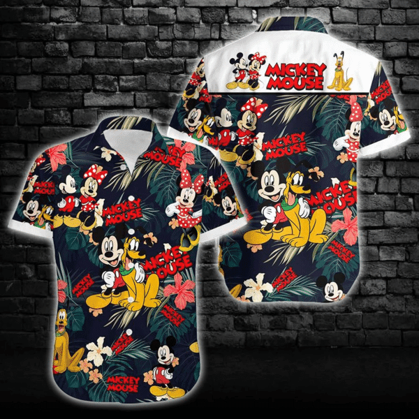 Disney Mickey And Minnie With Pluto Dog Hawaiian Shirt Tropical Aloha Button Up