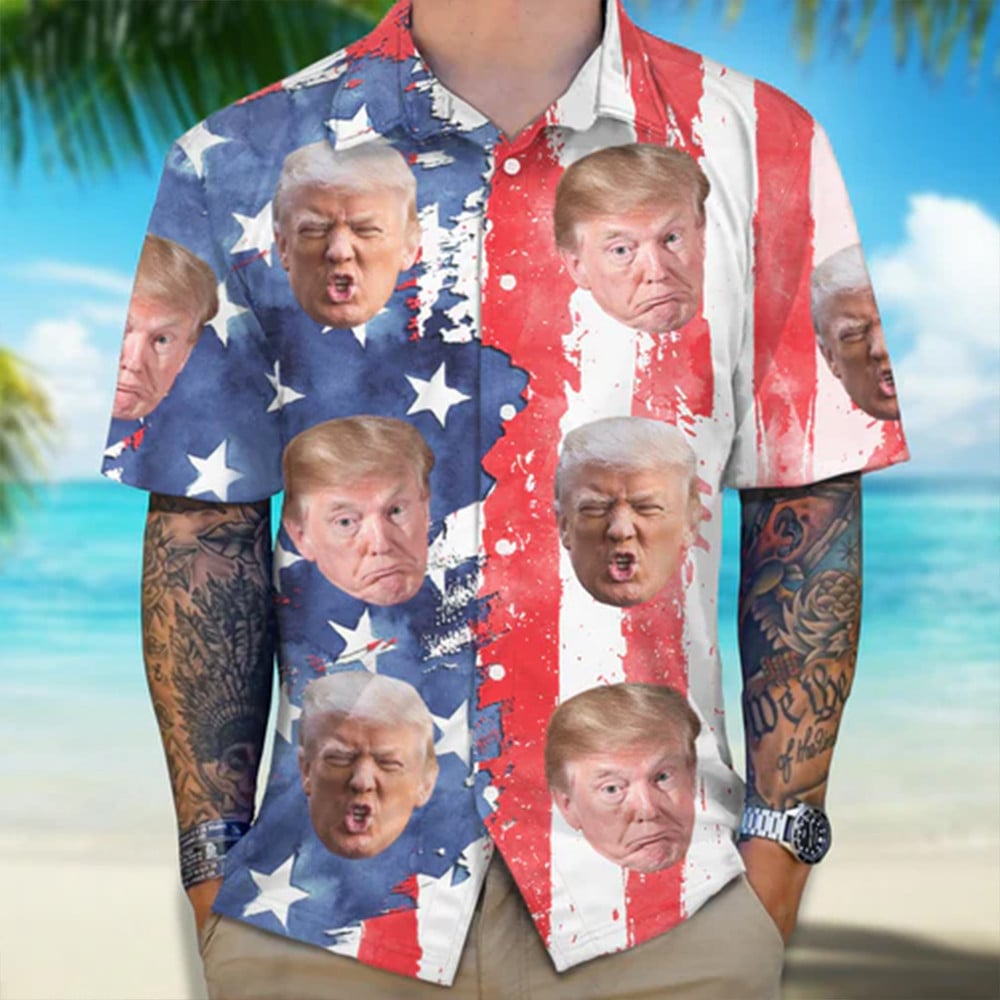 Donald Trump 2024 American Flag Hawaiian Shirt Funny Trump Campaign Button Up Shirt For Men