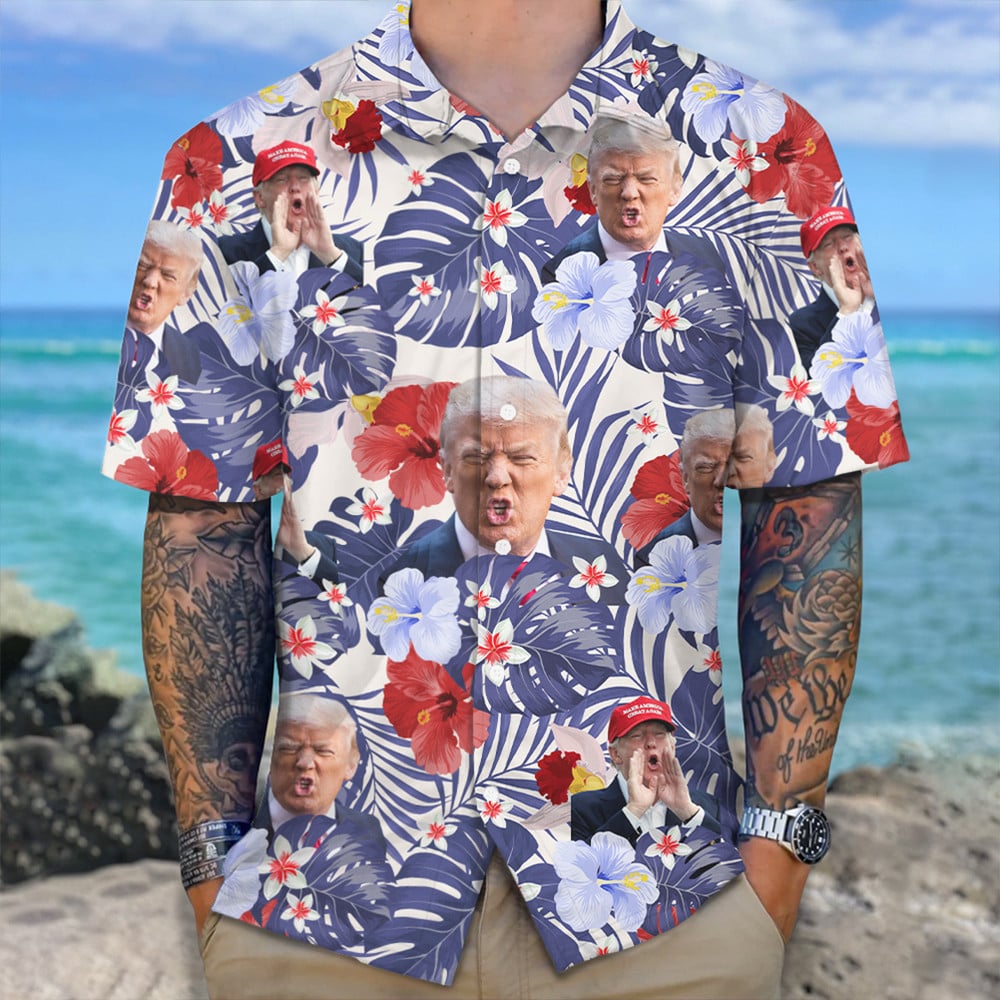 Donald Trump 2024 Palm Leaves Hawaiian Shirt Funny Trump Political Button Up Shirt MAGA Merch