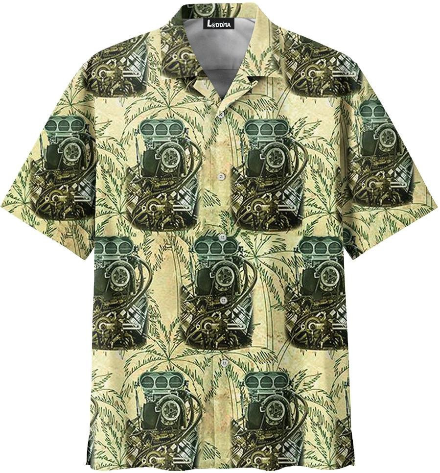 Drag Racing Summer Vacation Hawaiian Shirt Tropical Aloha Button Up