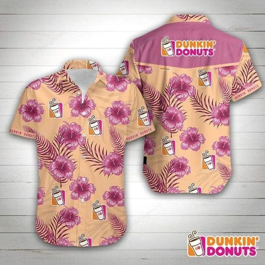 Dunkin Donuts Hawaiian Shirt Tropical Aloha Button Up