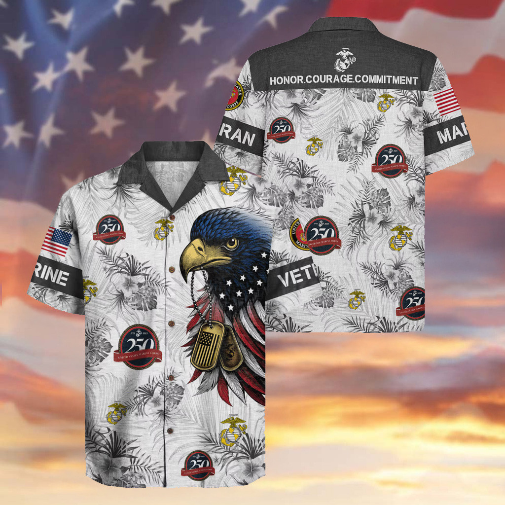 Eagle US Marines Hawaiian Shirt 250th Anniversary Dog Tags Tropical Shirt Veteran Presents