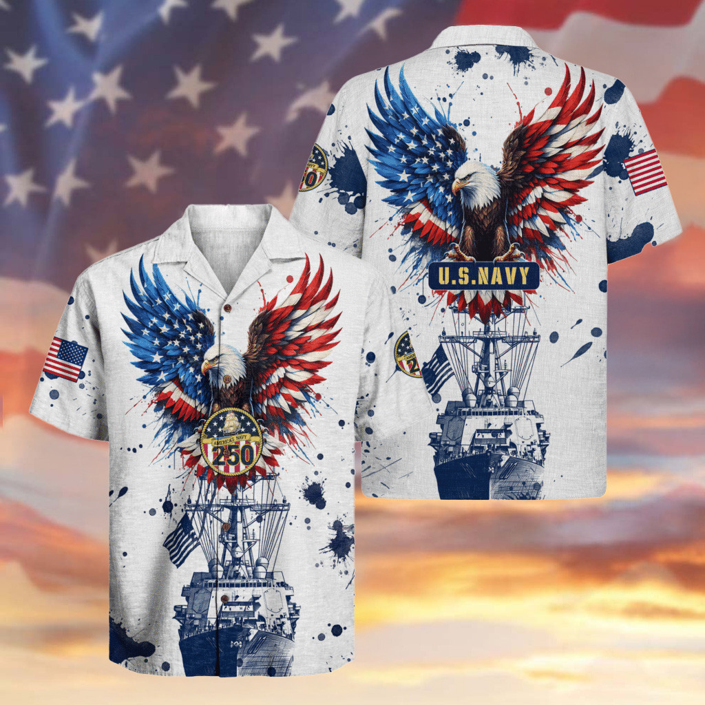 Eagle US Navy 250th Anniversary Hawaiian Shirt Patriotic Apparel Gift Ideas For Navy Veterans