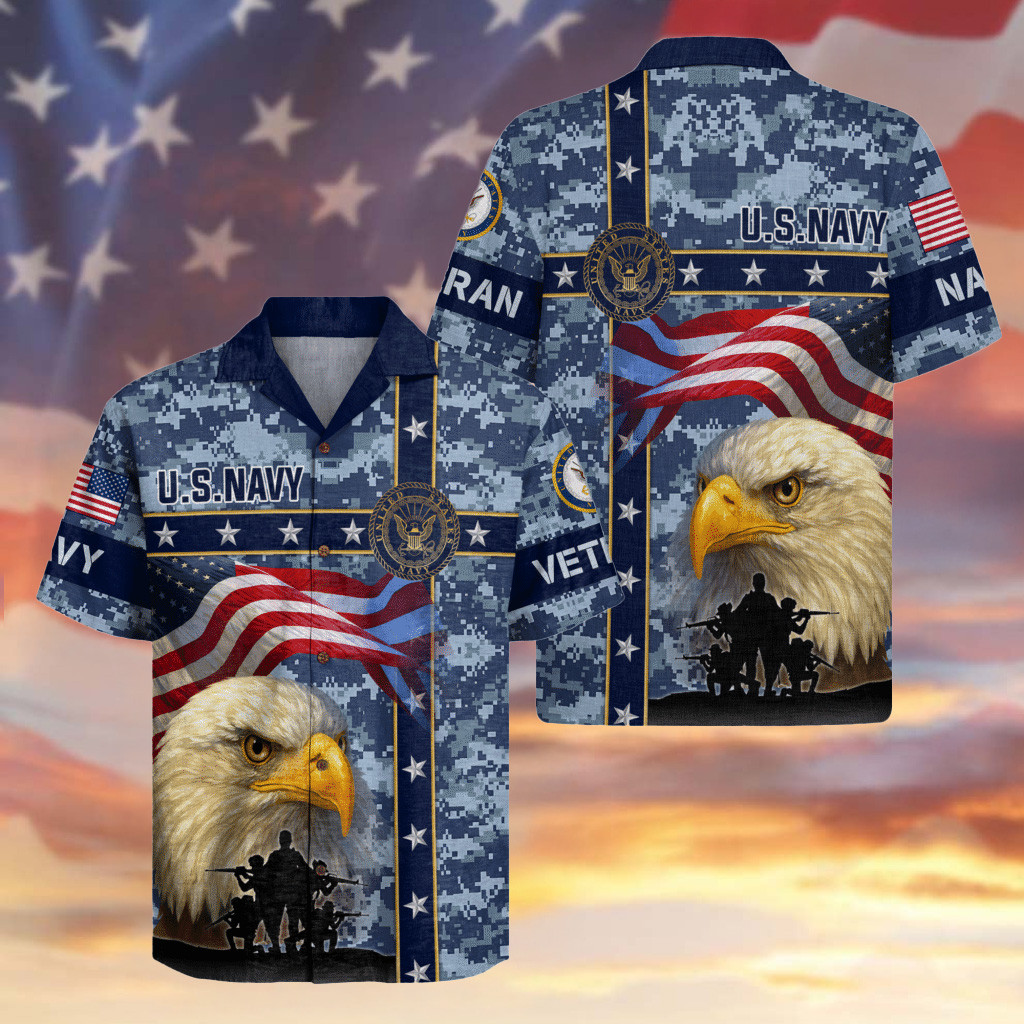Eagle US Navy Veteran Camo Hawaiian Shirt American Patriot Apparel Navy Veteran Gift Ideas