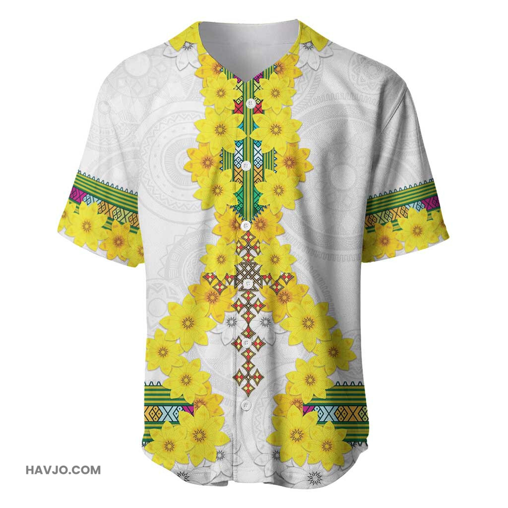 Enkutatash Ethiopia New Year Tilet Pattern With Adey Abeba Flowers Baseball Jersey