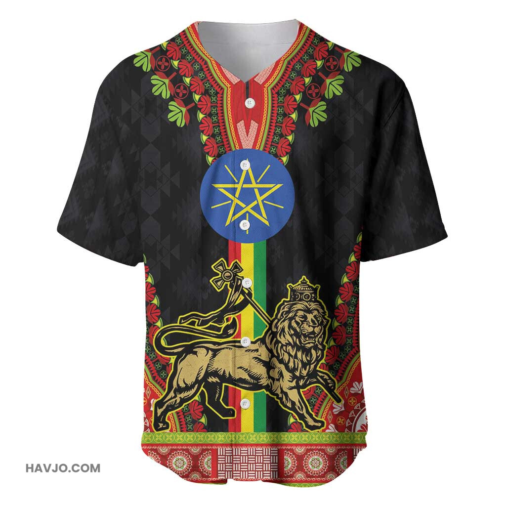 Ethiopia Lion of Judah and The Star Seal Dashiki Style Baseball Jersey
