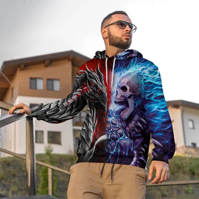 Alternative view of Fantasy Fire Dragon vs Blue Flame Skull 3D All Over Print Hoodie