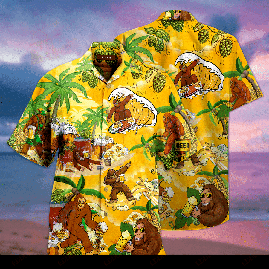 Find Bigfoot Summer Beer Hawaiian Shirt Tropical Aloha Button Up