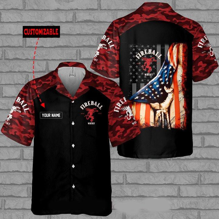 Fireball American Flag Personalized Hawaiian Shirt Tropical Aloha Button Up