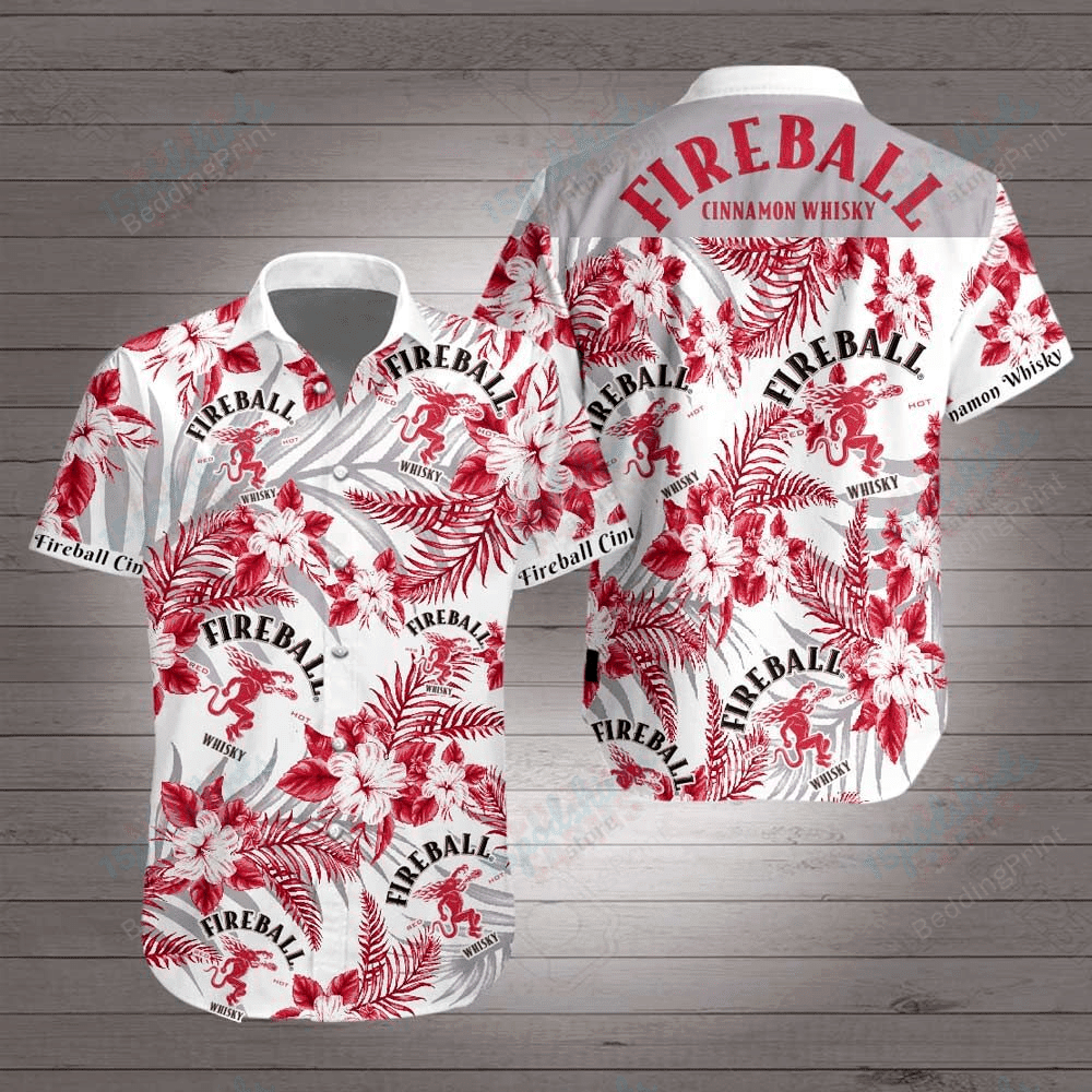Fireball Cinnamon Whisky Style Hawaiian Shirt Tropical Aloha Button Up