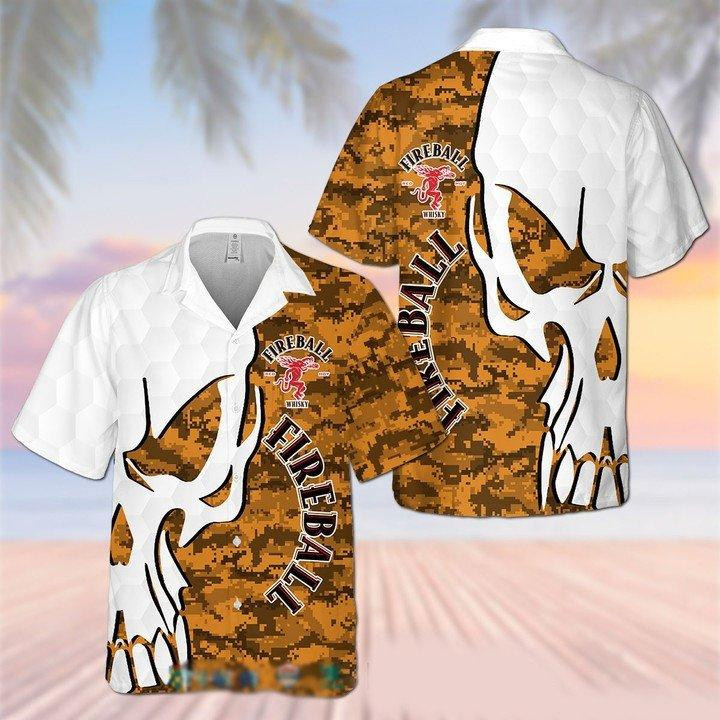Fireball Whisky Camo Skull Hawaiian Shirt Tropical Aloha Button Up