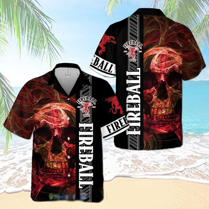 Fireball Whisky Smoke Skull Hawaiian Shirt Tropical Aloha Button Up