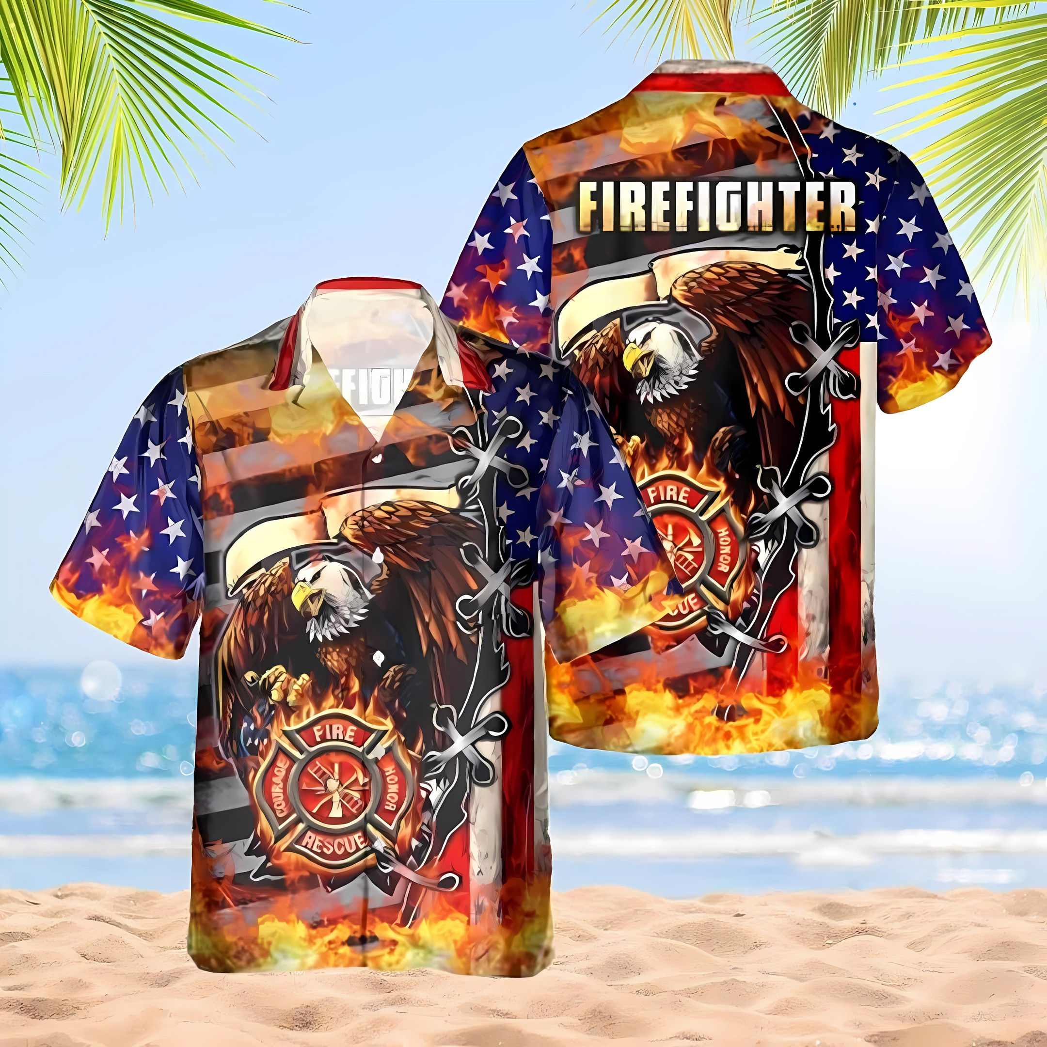 Firefighter Pride Eagle Fire Rescue Flag Hawaiian Shirt Patriotic Fireman Best Summer Gift For Firefighters