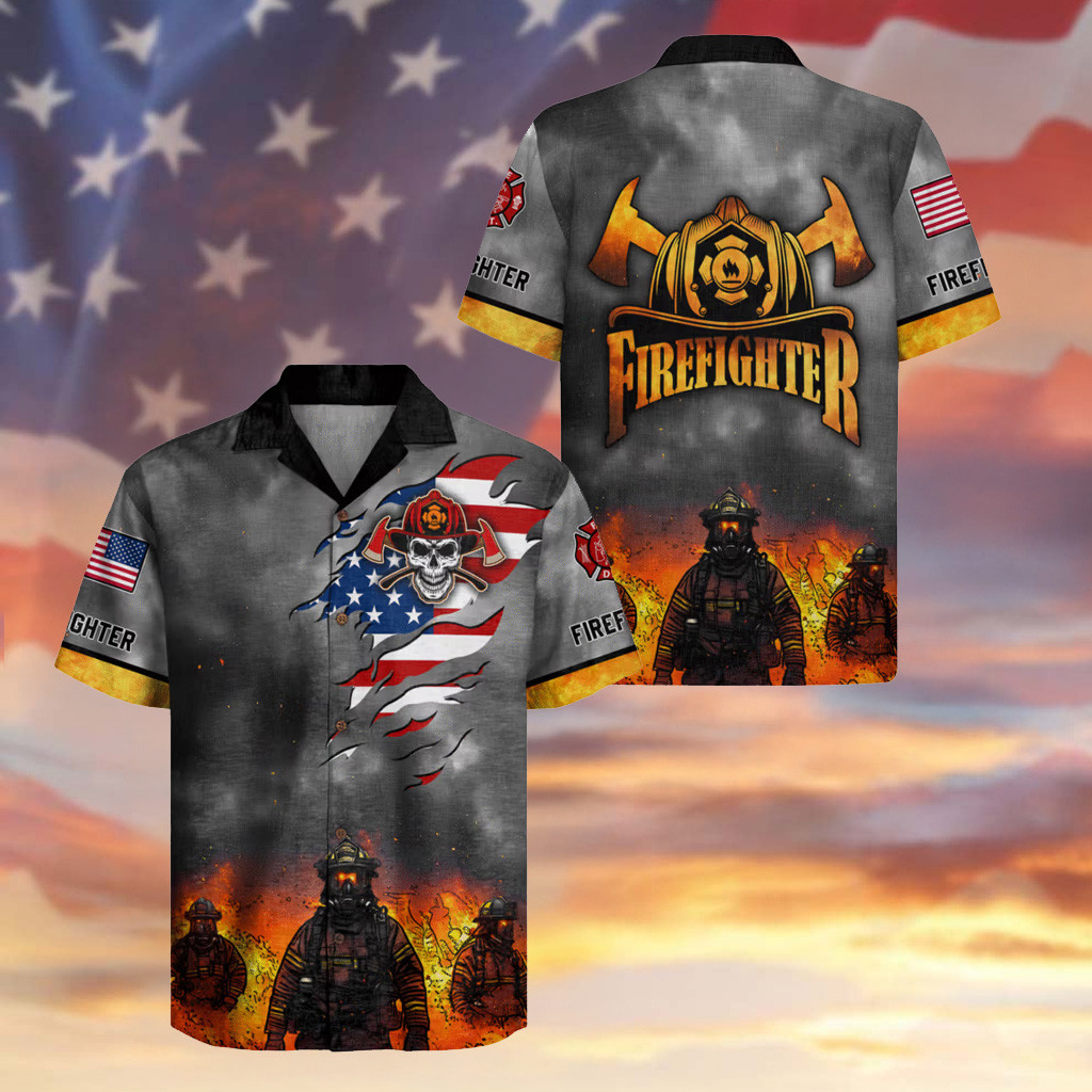Firefighter Skull American Flag Symbol Hawaiian Shirt Apparel Patriotic Gifts For Dad