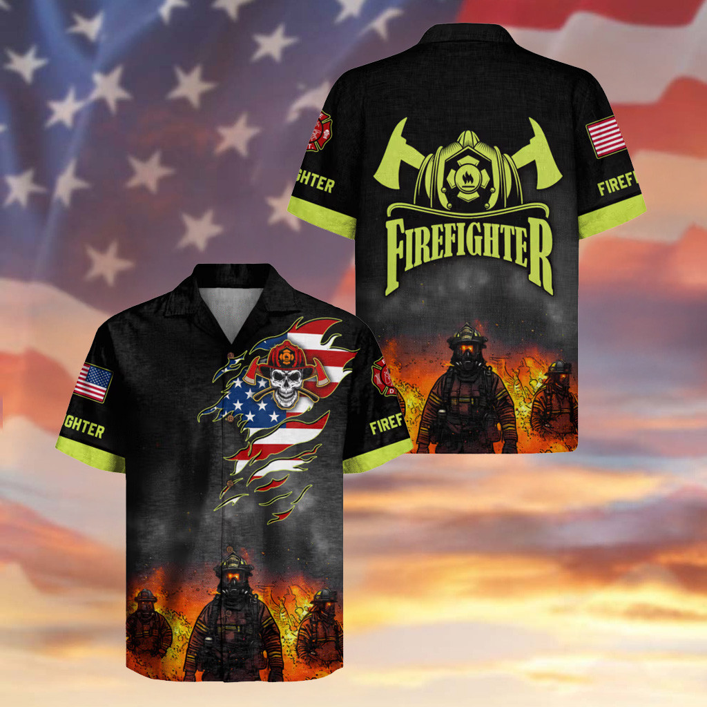 Firefighter Skull American Flag Symbol Hawaiian Shirt Apparel Pride Gifts For Patriots