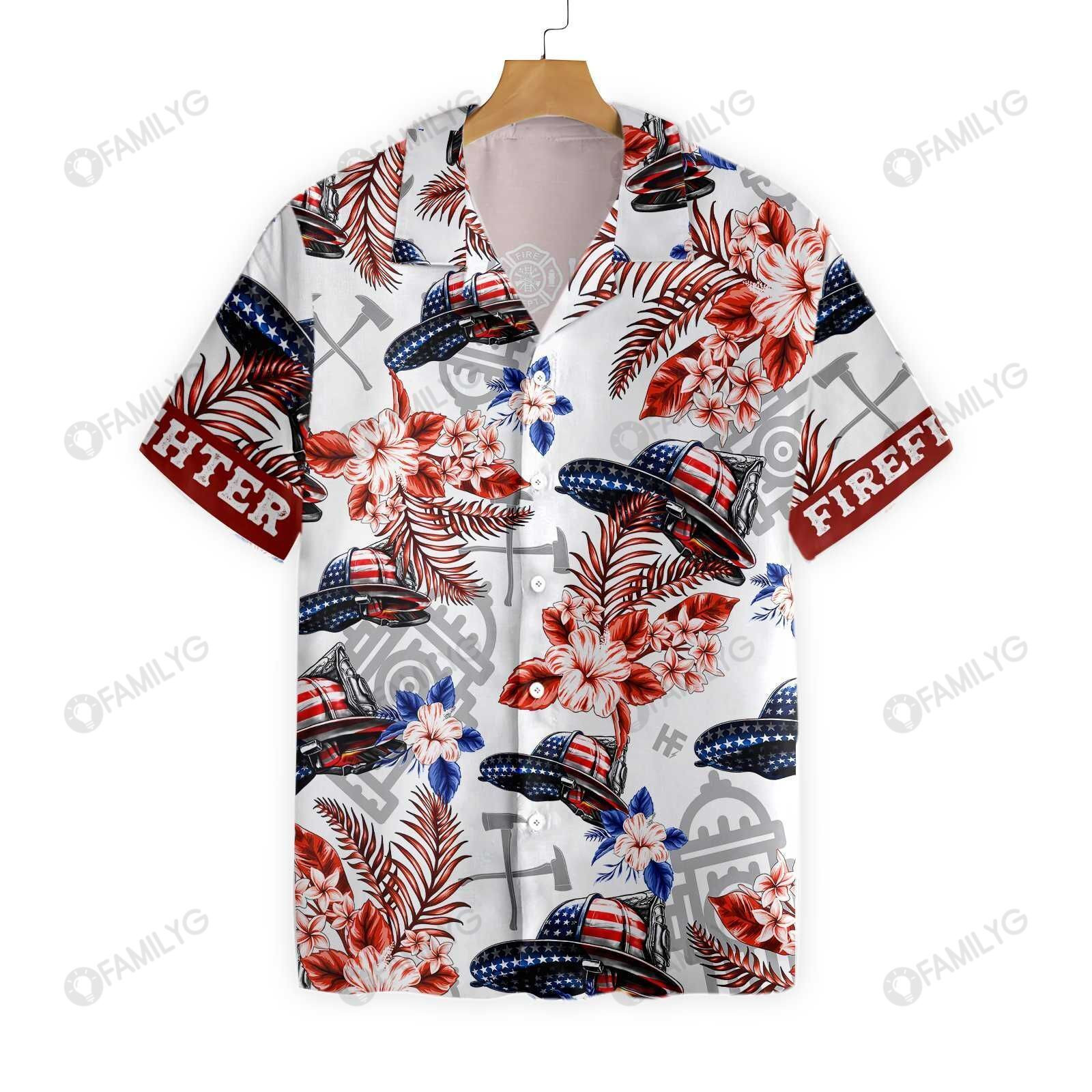 Firemen - Patriotic American Flag Personalized Hawaiian Shirt Tropical Aloha Button Up