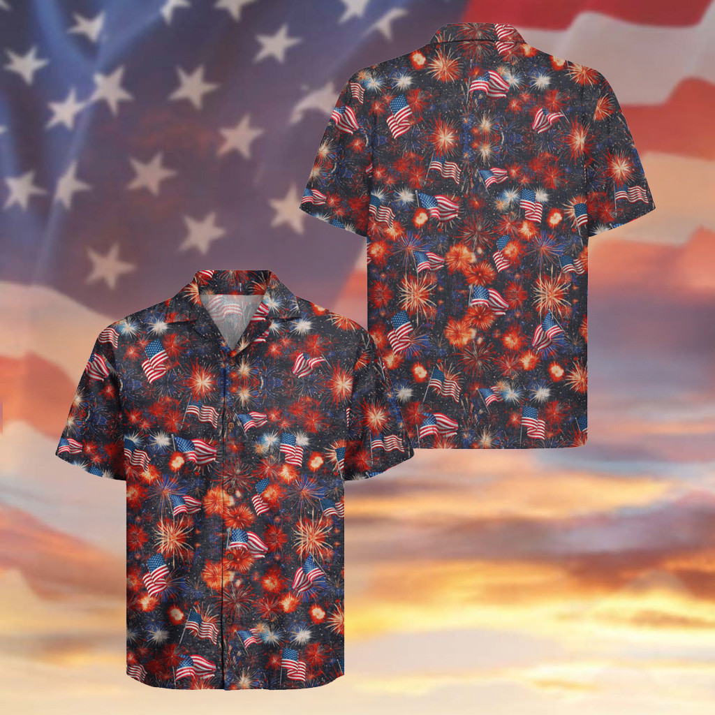 Fireworks American Flag Hawaiian Shirt 4th Of July Aloha Shirt Gifts For Independence Day