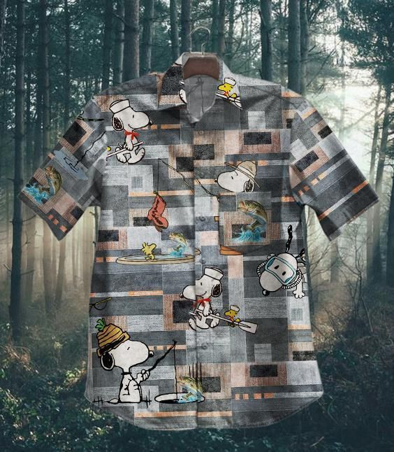 Fishing Snoopy Hawaiian Shirt Tropical Aloha Button Up