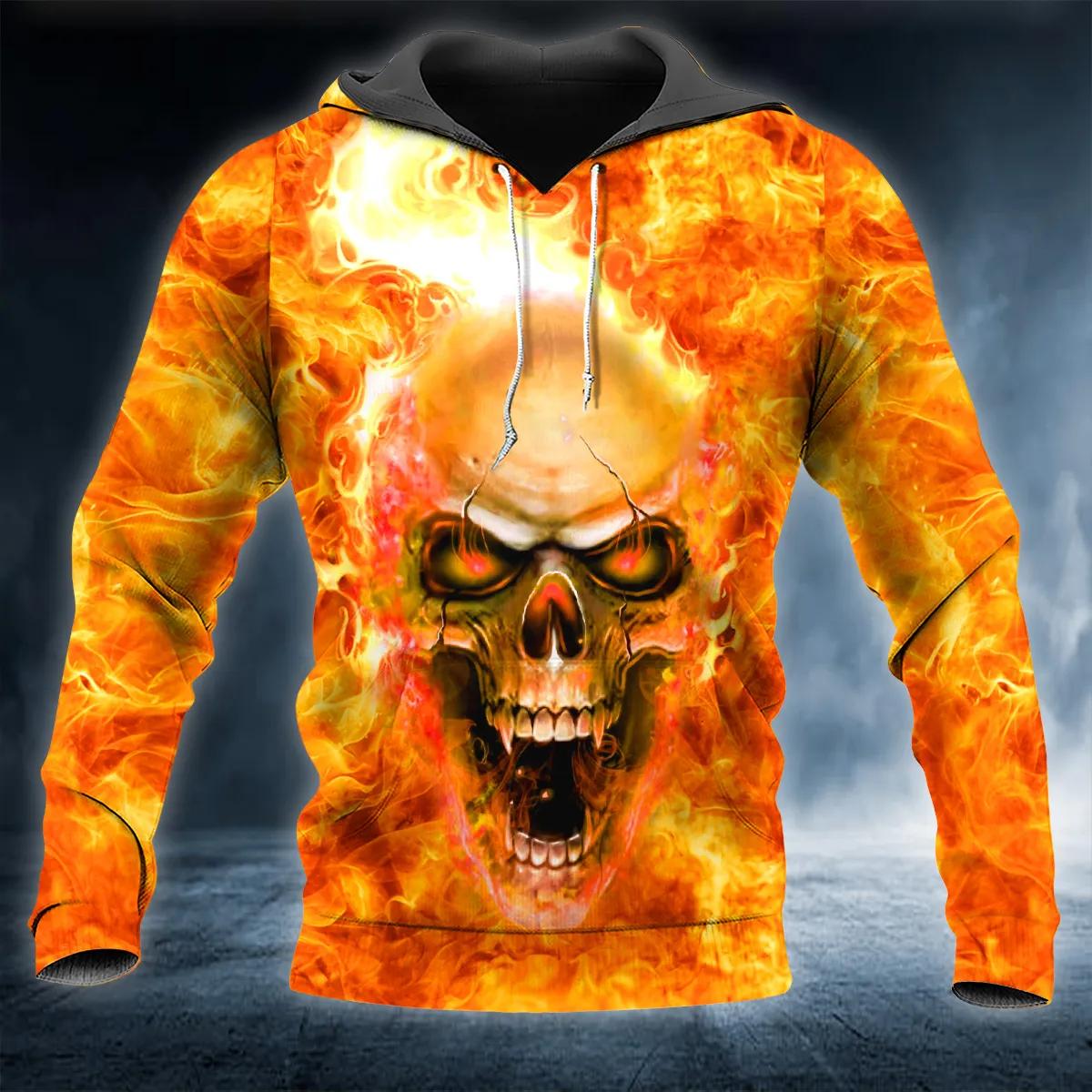 Flaming Pile Skull 3D All Over Print Hoodie