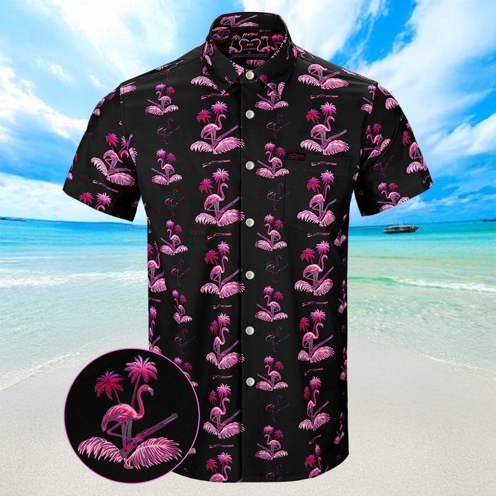 Flamingo V3 Black Hawaiian Shirt Summer Button Up Shirts Mens Gifts For Dad