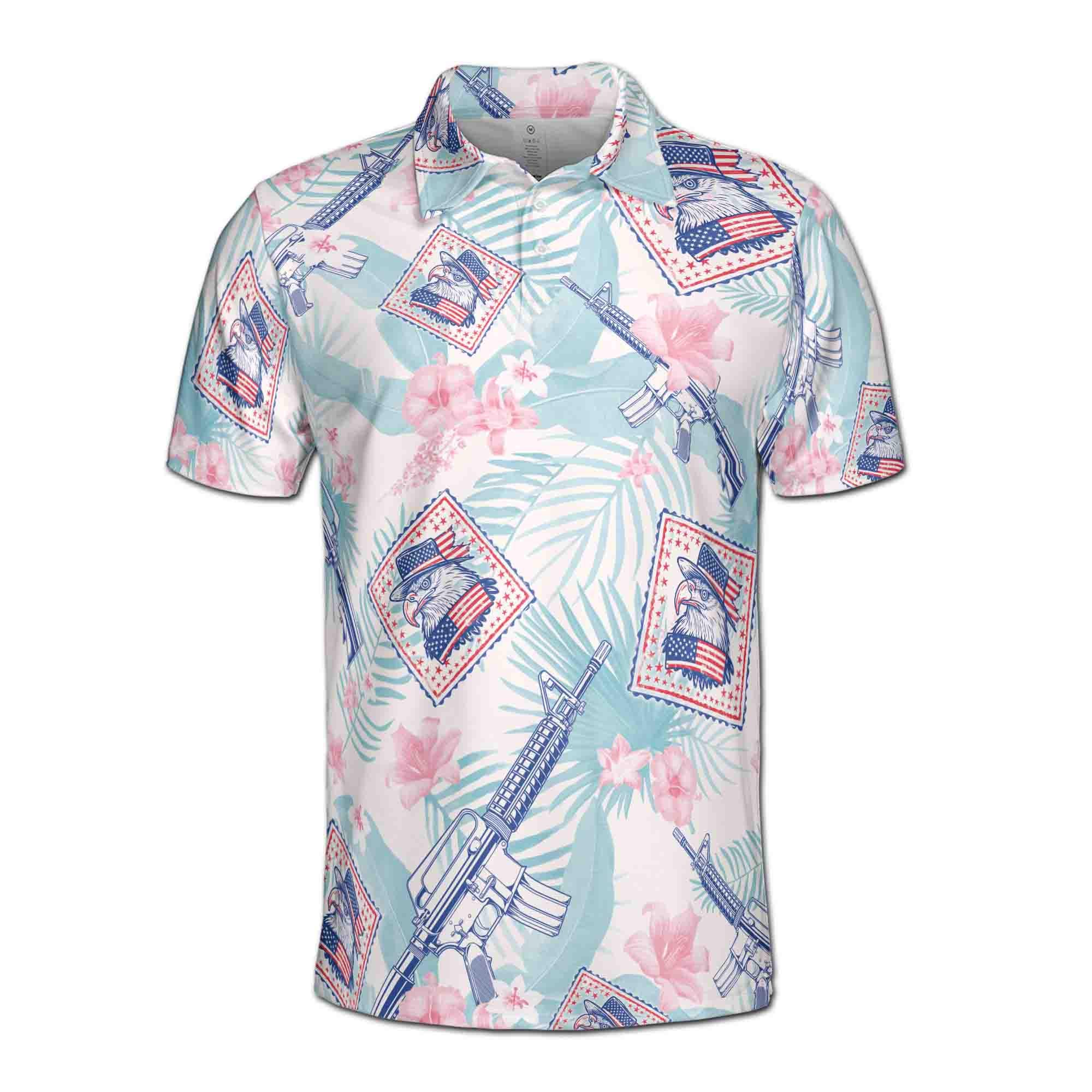 Alternative view of Floral American Flag Eagle Men's Polo Shirt, Funny 4th Of July Patriotic Menswear