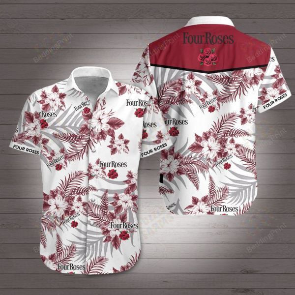 Four Roses Hawaiian Shirt Tropical Aloha Button Up