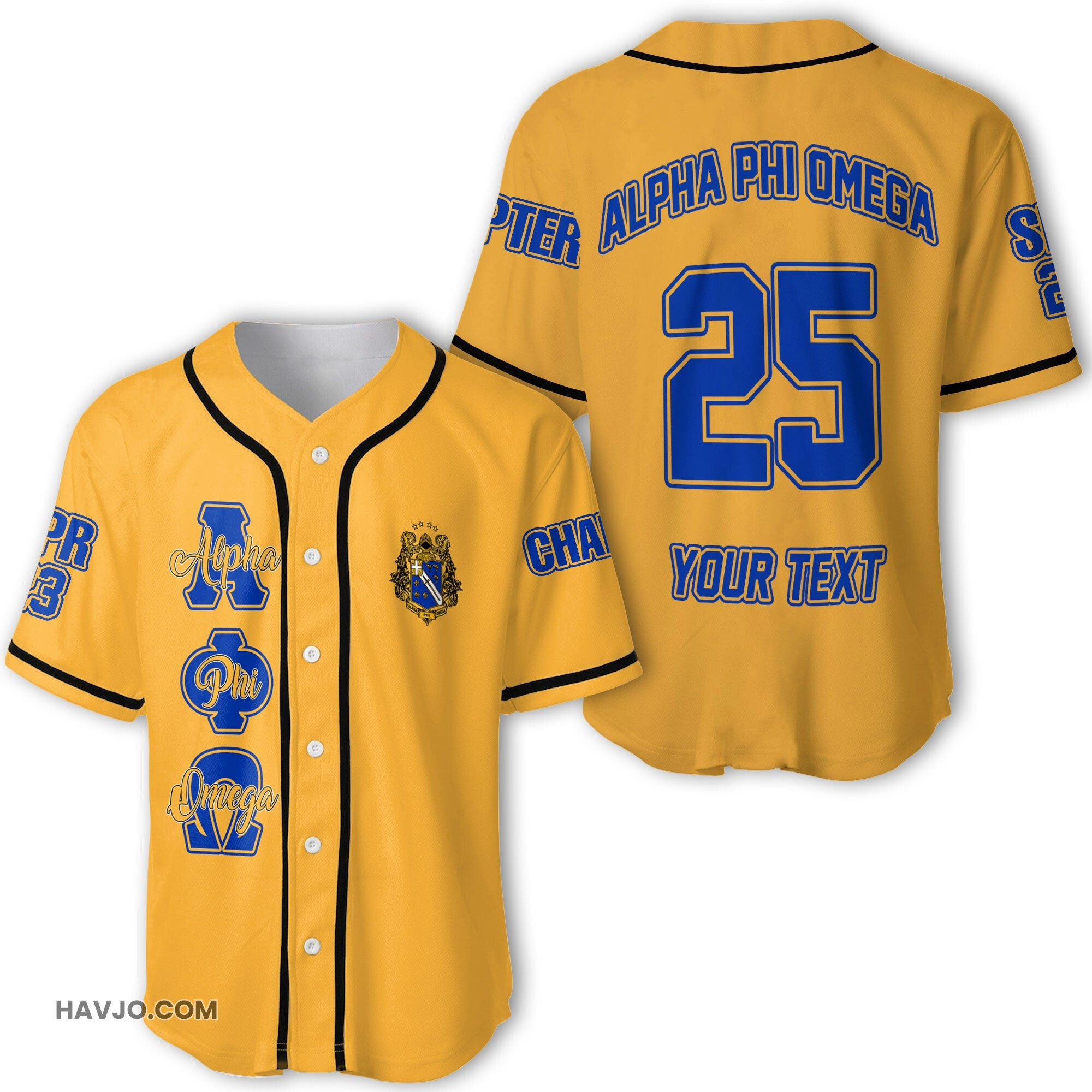 Fraternity Personalized Alpha Phi Omega Original Yellow Style Baseball Jersey